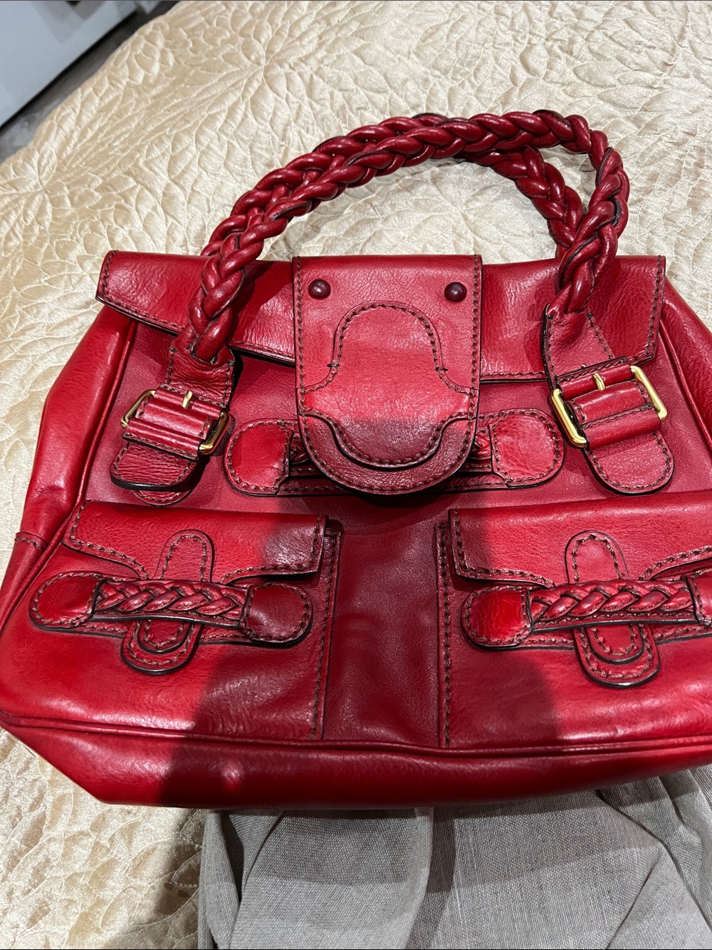RED Valentino Red Braided-Handle Leather Satchel